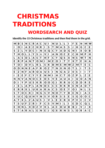 CHRISTMAS TRADITIONS WORDSEARCH AND QUIZ