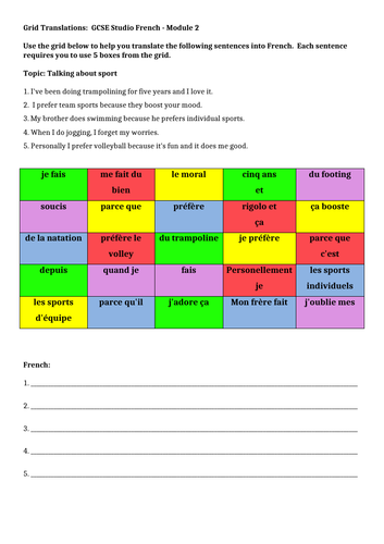 GCSE Studio French Module 2 Grid Translations | Teaching Resources