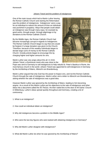 Johann Tetzel and indulgences homework/worksheet