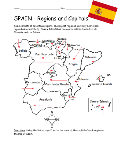 SPAIN - Regions and Capitals - Introductory Worksheet | Teaching Resources