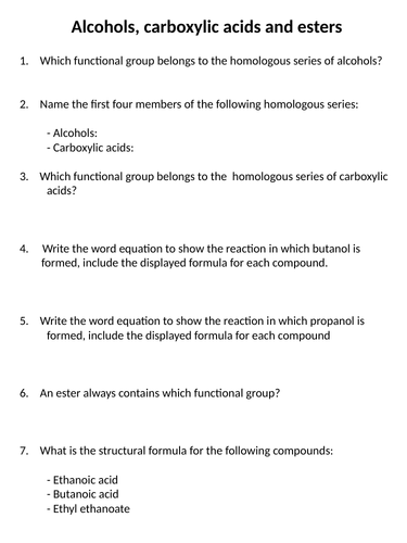 NEW GCSE Chemistry (2016) - Alcohols, carboyxlic acids & esters