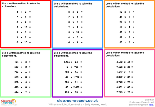 KS1 and KS2 Written Multiplication Early Morning Work Activity ...