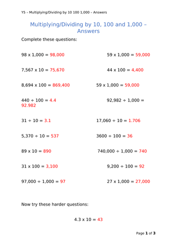 Y5 Maths - Multiplying,Dividing&Squaring