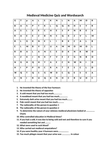 MEDIEVAL MEDICINE WORDSEARCH AND QUIZ