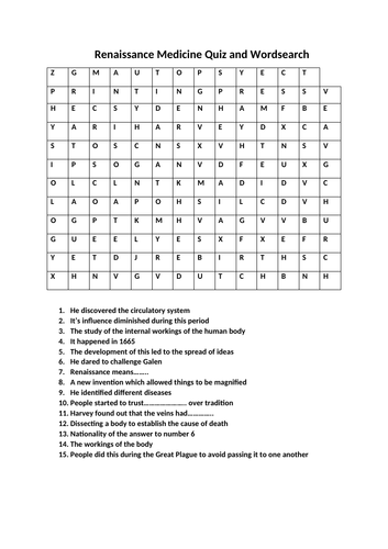 RENAISSANCE MEDICINE WORDSEARCH AND QUIZ