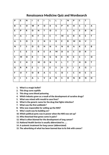 MODERN ERA MEDICINE WORDSEARCH AND QUIZ