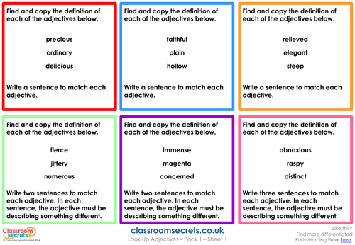 KS1 and KS2 Early Morning Work Look Up Adjectives Activity | Teaching ...
