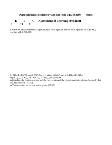 Grade 11 Chemistry Quiz Solution Stoichiometry and Net Ionic Equation WITH ANSWERS #9