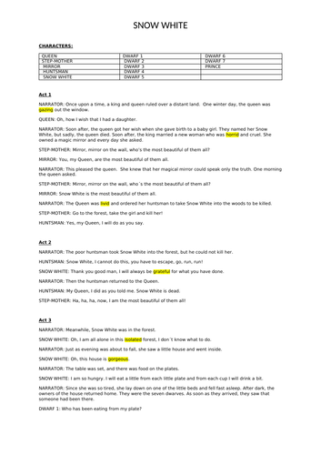 Snow White script reading lesson | Teaching Resources