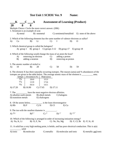 Grade 11 Chemistry Test Periodic Table and Bonding Test WITH ANSWERS #9