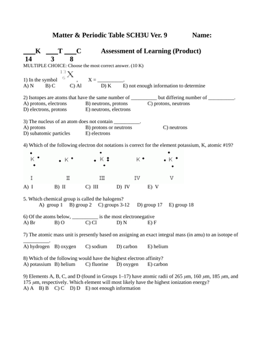 Quiz Matter and the Periodic Table Quiz Grade 11 Chemistry Quiz WITH ANSWERS #9