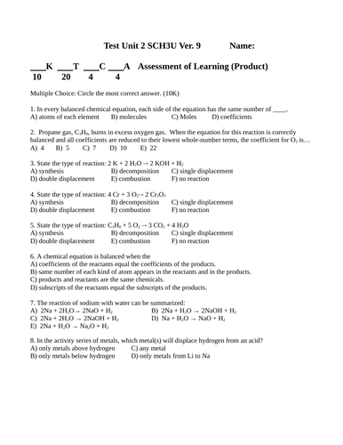 Balancing Chemical Equations and Reactions Test Grade 11 Chemistry  WITH ANSWERS #9