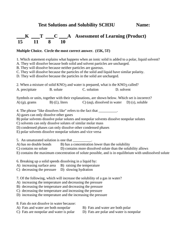 Test Solutions and Solubility Test Grade 11 Chemistry Test WITH ANSWERS #9