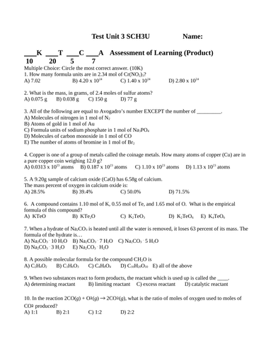 % Composition and Stoichiometry Test Package Grade 11 Chemistry Test WITH ANSWERS #8