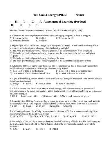 Energy Quizzes and Test Package Grade 11 Physics Test WITH ANSWERS #7