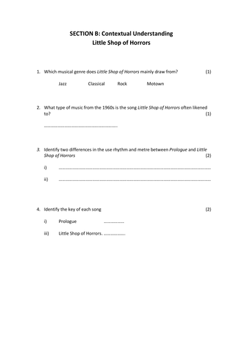 AQA GCSE Music Section B Little Shop of Horrors Prologue / Little Shop ...