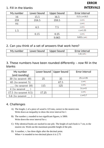 Bounds and Error Intervals for Rounding Worksheet | Teaching Resources