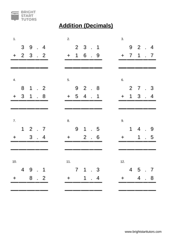 Column Addition (With Decimals) | Teaching Resources