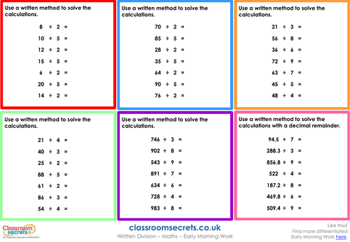 KS1 and KS2 Written Division Early Morning Work Activity | Teaching ...