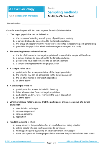 AQA Sociology: Research Methods: Sampling Techniques | Teaching Resources