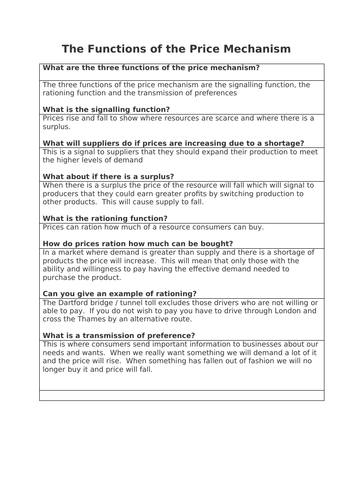 GCSE Economics - The Functions of Price | Teaching Resources