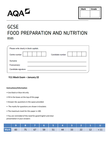 Aqa Food Preparation And Nutrition Year 10 Or 11 Mock Paper Teaching Resources 8630