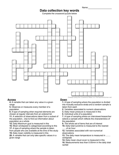 Data Collection Revision Crossword (Unit 1 Edexcel Statistics and