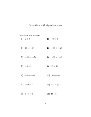 Operations With Signed Numbers Worksheet with Solutions Teaching Resources