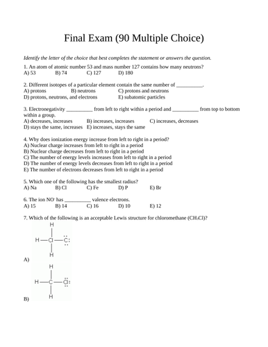 90 Multiple Choice CHEMISTRY FINAL EXAM Grade 11 Chemistry Exam WITH ANSWERS #1
