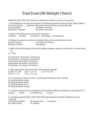 90 Multiple Choice CHEMISTRY FINAL EXAM Grade 11 Chemistry Exam WITH ANSWERS #2