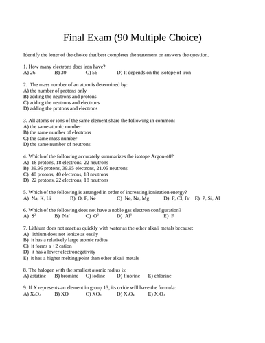 90 M.C. CHEMISTRY FINAL EXAMINATION SCH3U Grade 11 Chemistry Exam WITH ANSWER #3