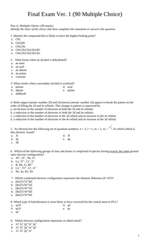 Multiple Choice Final Exam Grade 12 Chemistry Version #1  WITH ANSWERS
