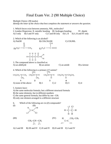90 M.C. FINAL EXAM GRADE 12 CHEMISTRY Final Exam WITH ANSWERS SCH4U #2