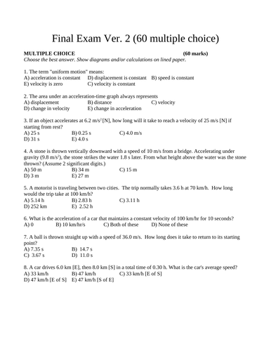 60 Multiple Choice FINAL EXAM GRADE 11 PHYSICS Final Exam Physics WITH ANSWERS #2