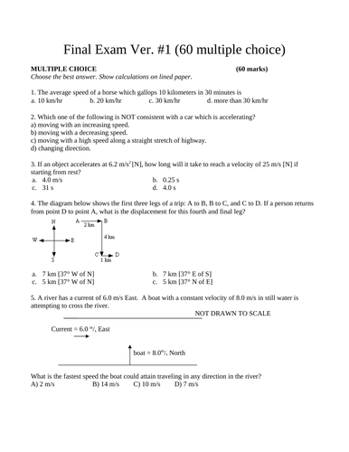 Multiple Choice Final Exam Grade 11 Physics Version #1  WITH ANSWERS