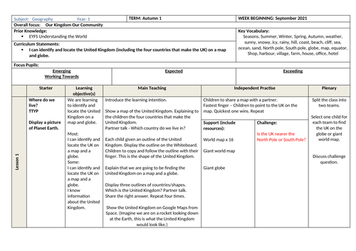 Geography Unit of Planning Year 1 KS1 can identify and locate the ...