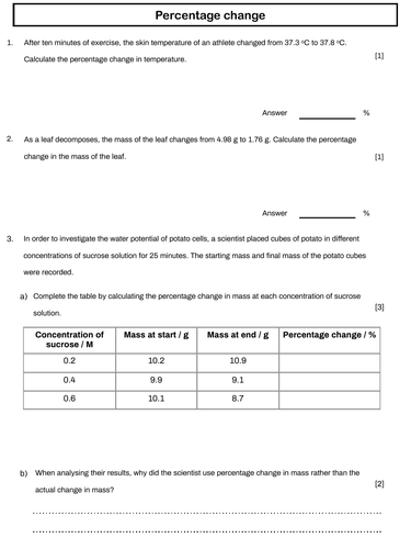 Percentage Change A-level Biology Worksheet | Teaching Resources