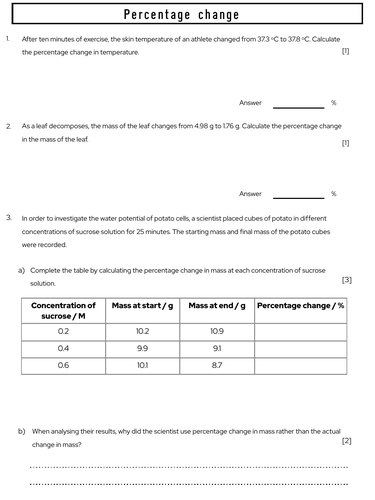 Percentage Change A-level Biology Worksheet | Teaching Resources