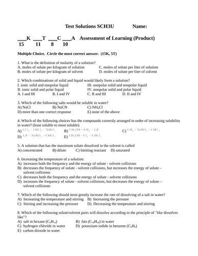 Solution and Solubility Quiz and Test Package Grade 11 Chemistry Test WITH ANSWERS #8