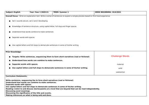 Year 1 Explanation Text Planning unit