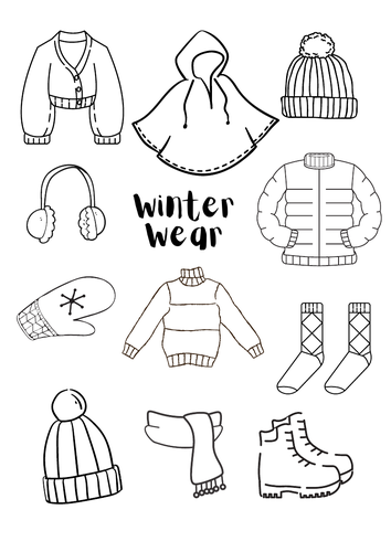 Winter Clothing Coloring Activity Worksheet One Page