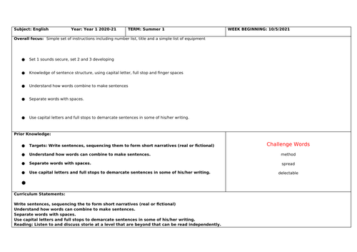 Year 1 Instructions Unit Progressive Planning