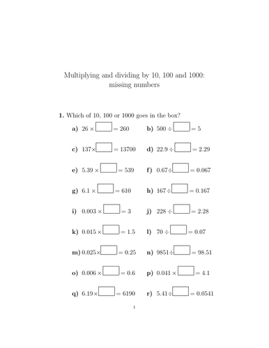 Multiplying and dividing by 10, 100 and 1000: missing numbers worksheet ...