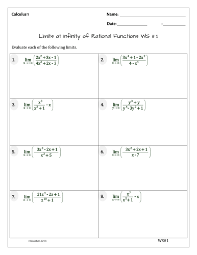 Limits at Infinity - 2 Worksheets (16 problems) | Teaching Resources