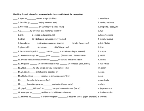 Preterit v imperfect sentences matching practice | Teaching Resources