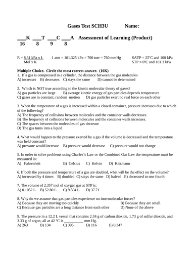 Gases Quiz and Test Package Grade 11 Chemistry Test WITH ANSWERS #8
