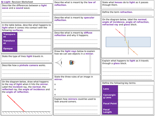 Exploring Science 8J Revision Worksheet- Light