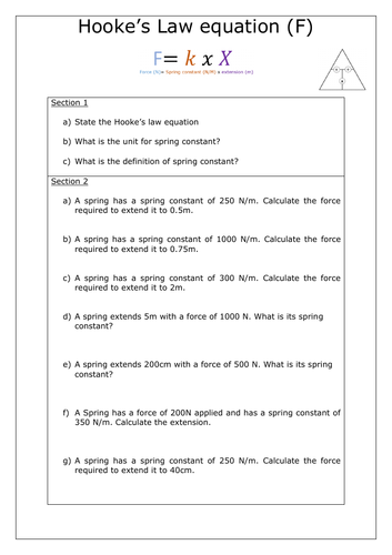 Hooke's Law equation -differentiated with answers worksheet | Teaching