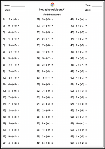12 Negative Operation Worksheet A | Teaching Resources