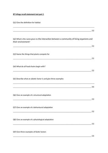 AQA GCSE Biology B1-B7 Checklist, Recall statements and Recall tests ...